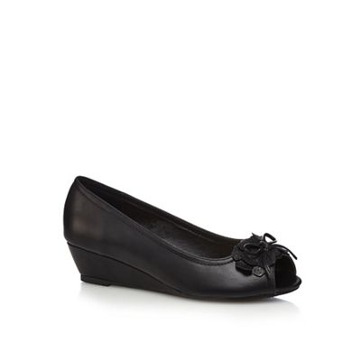 Black embellished wide fit peep toe wedge shoes